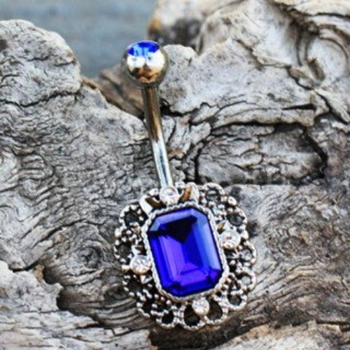 316L Stainless Steel Radiant Cut Sapphire Blue CZ Ornate Navel Ring-0